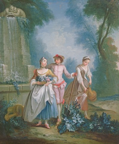 Een allegorie van de zomer: Tuiniers die een bloembed water geven door Nicolas Lancret